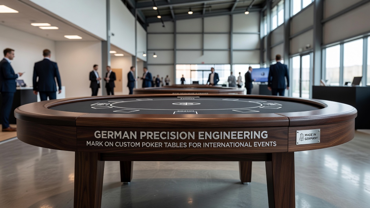 Detailaufnahme eines deutschen Pokertisches mit Präzisionskomponenten bei einem internationalen Event