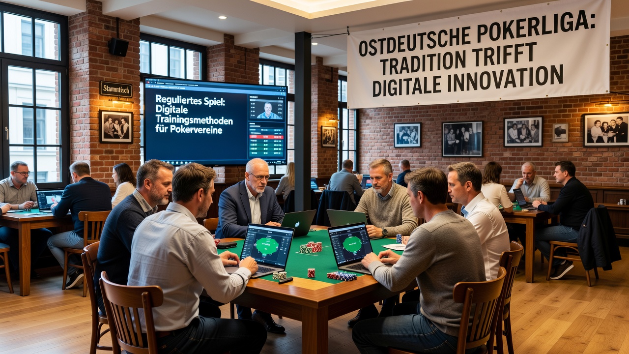 Ostdeutsche Poker-Spieler in einem traditionellen Vereinsraum mit modernen Tablets für digitales Training