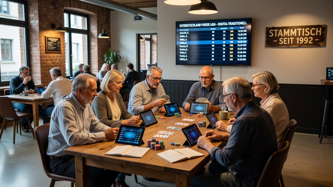 Gruppe von Poker-Spielern in Ostdeutschland, die traditionelle Karten mit digitalen Analysetools kombinieren