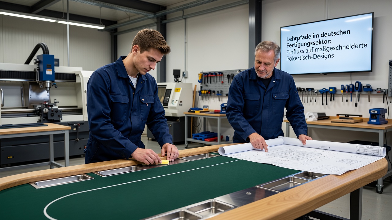 Fertiggestellter maßgefertigter Pokertisch in einer grenzüberschreitenden Turnierhalle mit modularen Elementen