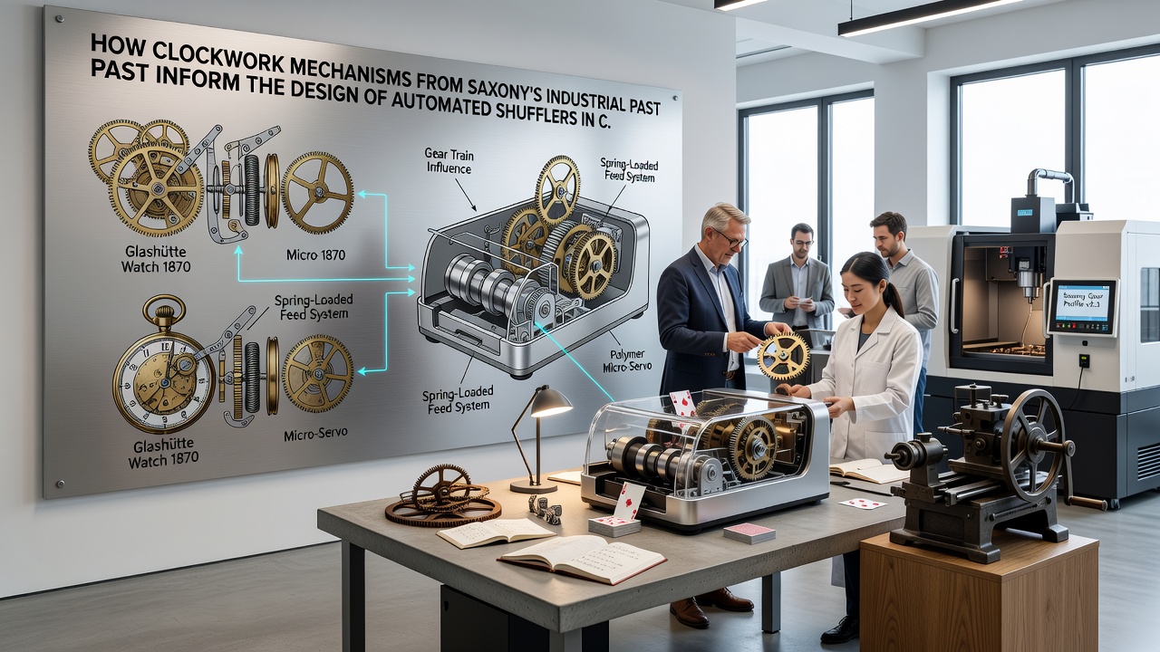 Techniker prüfen die mechanischen Komponenten eines automatischen Kartenmischers in einer Produktionsstätte