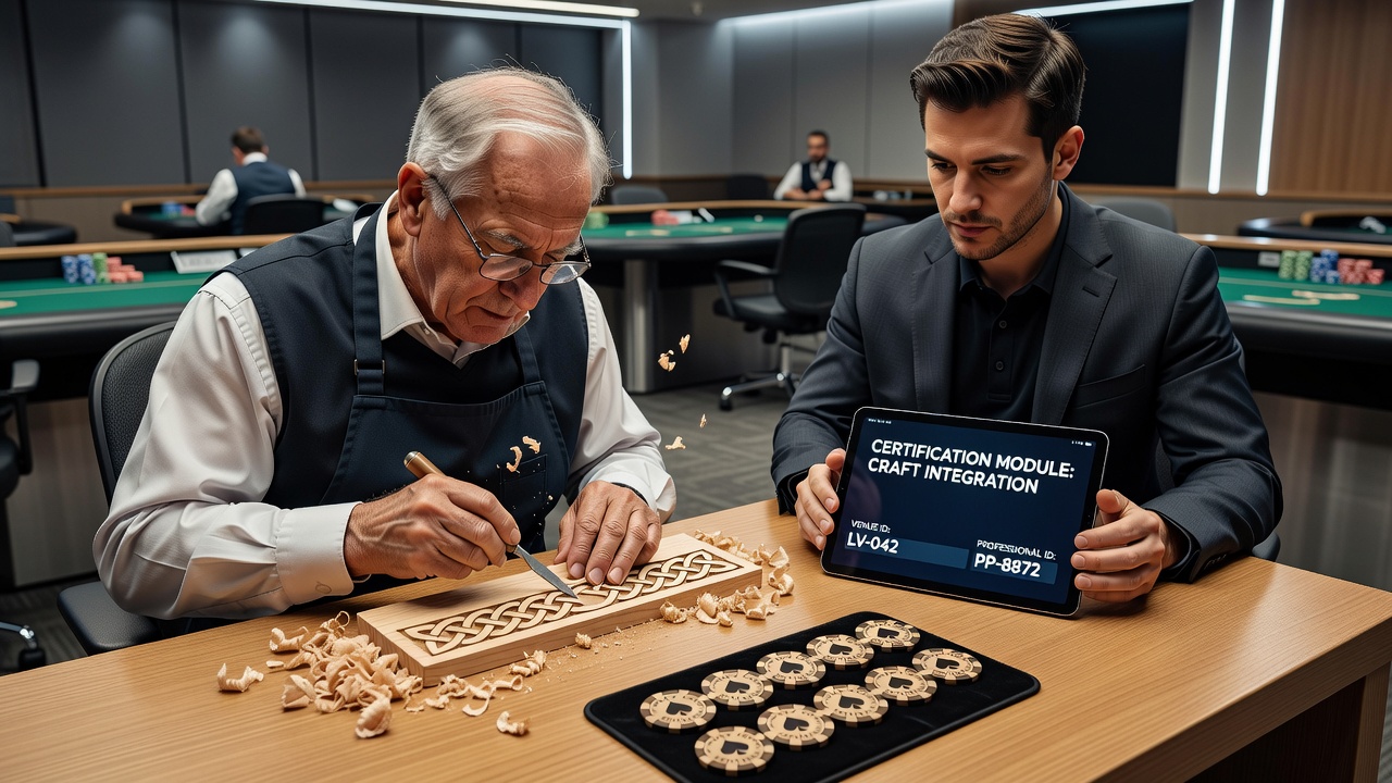 Zertifizierte Poker-Profis bei einer praktischen Prüfung mit handgefertigten Chips und Tischen in einer regulierten Spielhalle