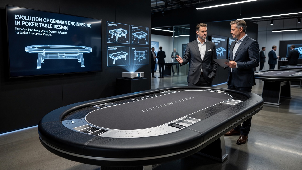 Maßgefertigter Pokertisch mit präzisen Abmessungen und Materialien nach aktuellen deutschen Ingenieurstandards für internationale Turniere
