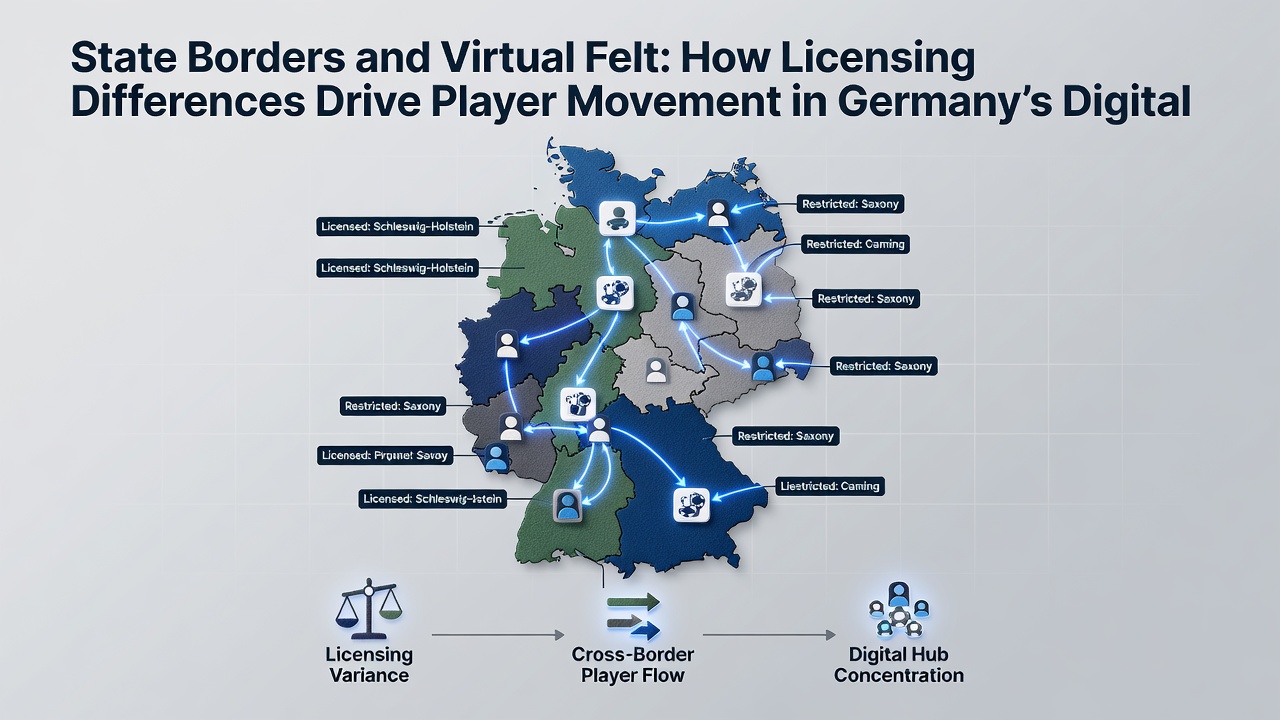 Virtueller Pokertisch mit Fokus auf Lizenzunterschiede und Spielerströme
