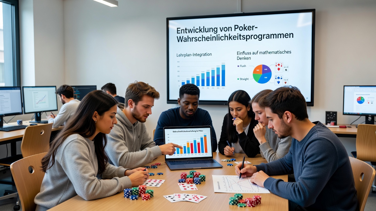 Schüler bei der Arbeit mit Wahrscheinlichkeits-Simulationssoftware in einem deutschen Fachschul-Klassenzimmer